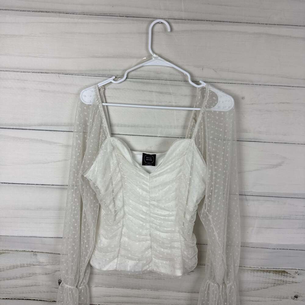 Madi Mase White Sheer Polka Dot Long Sleeve Ruched Mesh Crop Top A-6
